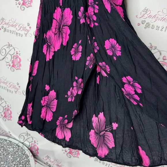 Dress Hawaii hibiscus 🌺 flowers pink black strapless ribbon 🎀 bow tie up slit - Picture 7 of 10